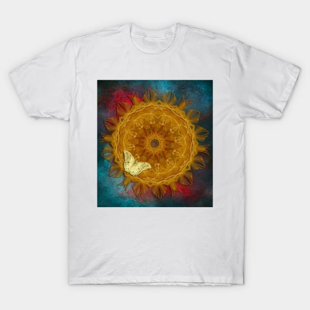 Magical fire mandala and gold butterfly T-Shirt by hereswendy